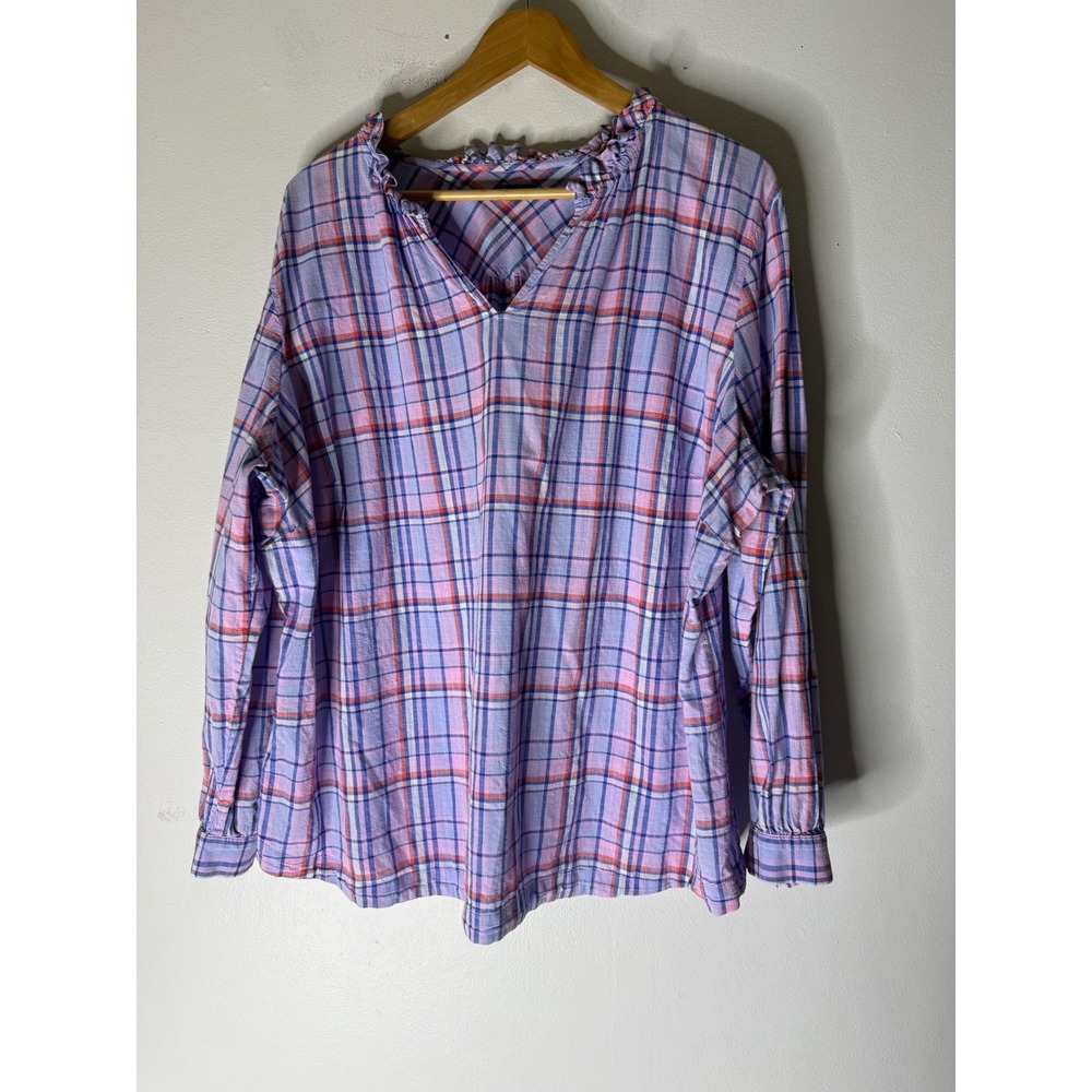 Talbots Size 3XWomen's Long Sleeve Pullover Top Purple Plaid Ruffle Cotton